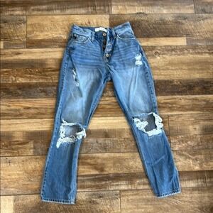 KanCan High Rise Distressed Mom Jeans Medium Wash Button Fly KC8584M Size 0/23